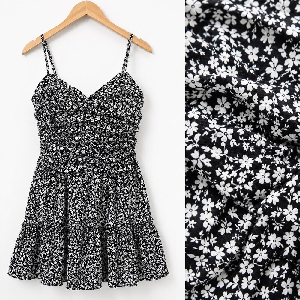 Bailey Blue Ditsy Floral Print Mini Dress XL Ruched back black & white